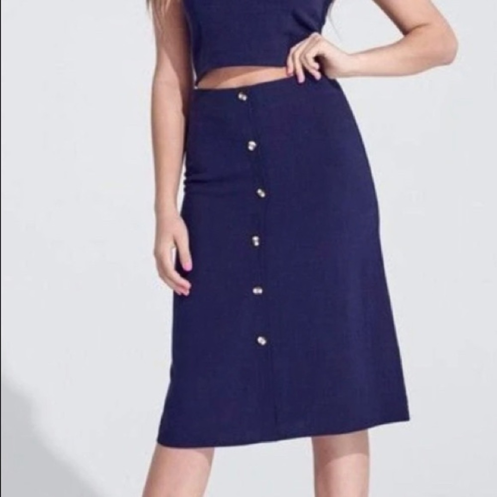 Reece navy button down midi skirt with tortoiseshell buttons